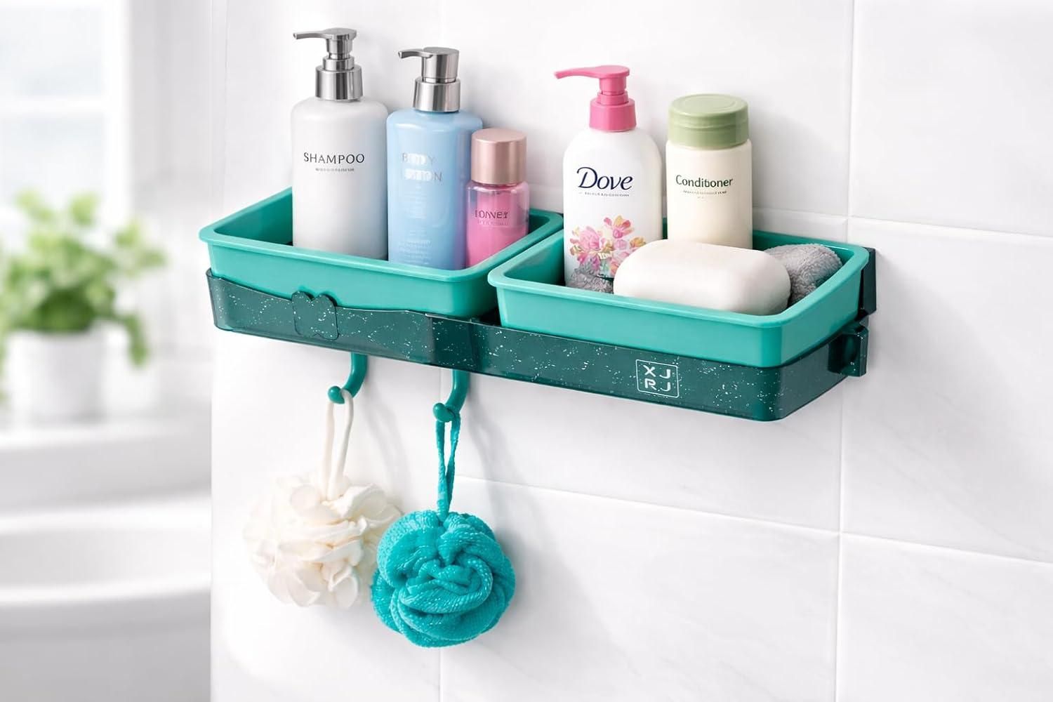Space Saving No-Drill Bathroom Shelf – Waterproof Self Adhesive Rack with Hooks
