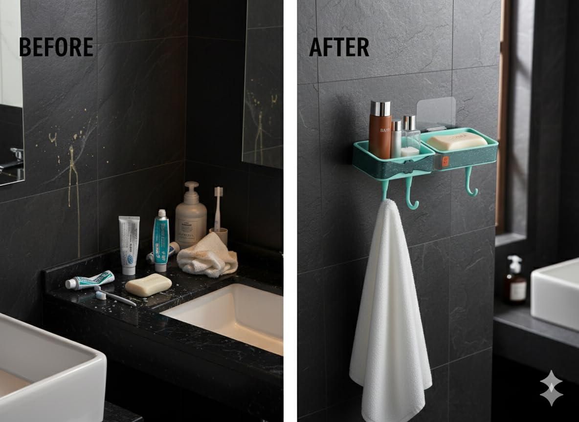 Space Saving No-Drill Bathroom Shelf – Waterproof Self Adhesive Rack with Hooks