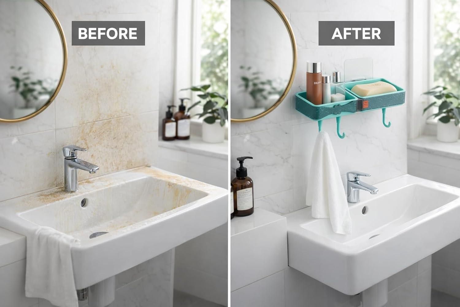 Space Saving No-Drill Bathroom Shelf – Waterproof Self Adhesive Rack with Hooks